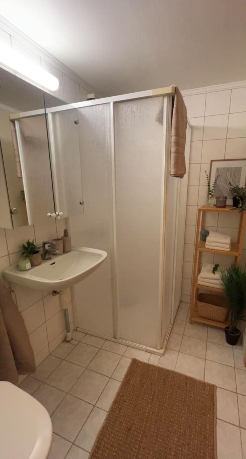 Bad med dusjkabinett og servant